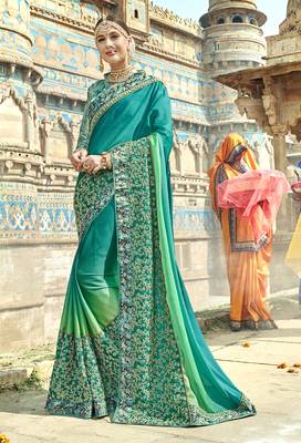 Green embroidered shimmer saree with blouse 1
