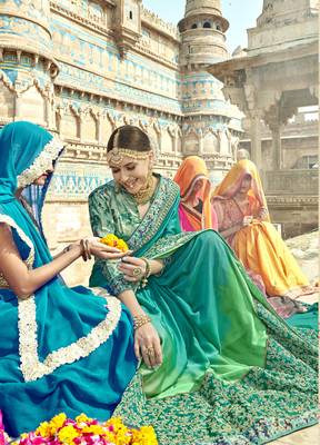 Green embroidered shimmer saree with blouse 2