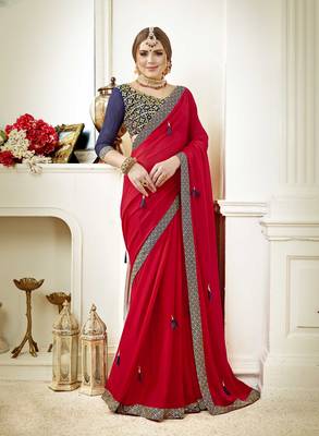 Red embroidered poly silk saree with blouse 1