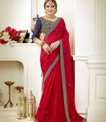 Red embroidered poly silk saree with blouse