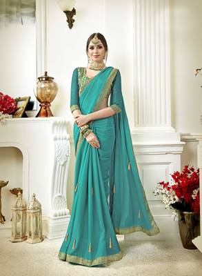 Green embroidered poly silk saree with blouse 1