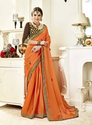 Orange embroidered poly silk saree with blouse 1