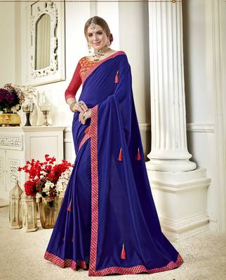 Navy blue embroidered poly silk saree with blouse 1