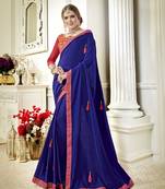 Navy blue embroidered poly silk saree with blouse