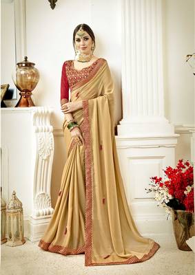Beige embroidered poly silk saree with blouse 1