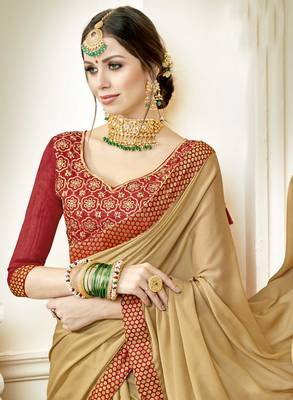 Beige embroidered poly silk saree with blouse 2