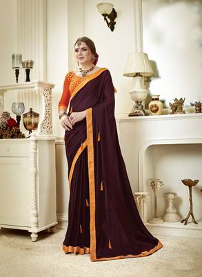 Brown embroidered poly silk saree with blouse 1