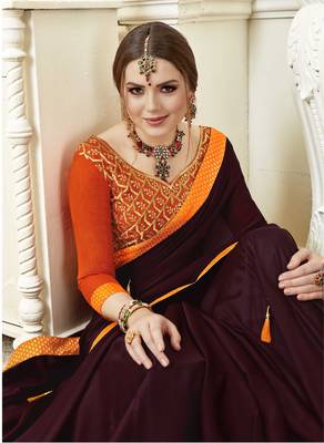 Brown embroidered poly silk saree with blouse 2