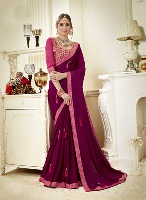 Purple embroidered poly silk saree with blouse 1