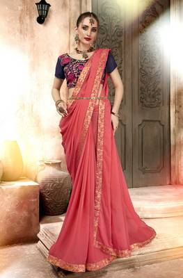 Peach embroidered georgette saree with blouse 1