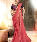Peach embroidered georgette saree with blouse
