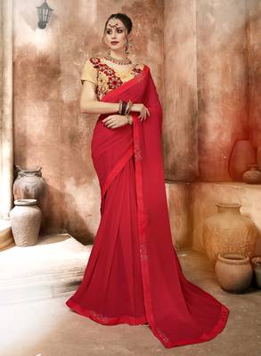 Red embroidered georgette saree with blouse 1
