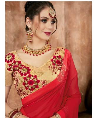 Red embroidered georgette saree with blouse 2