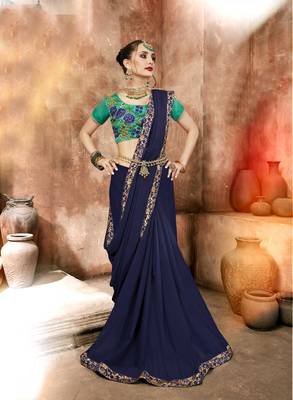 Navy blue embroidered georgette saree with blouse 1