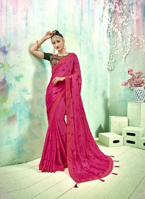 Pink embroidered poly silk saree with blouse 1