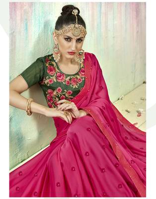 Pink embroidered poly silk saree with blouse 2
