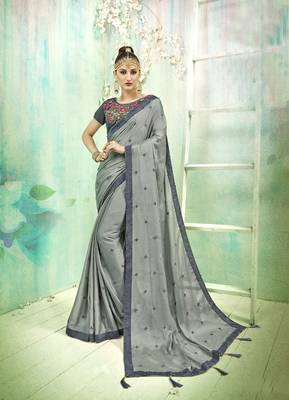 Grey embroidered poly silk saree with blouse 1