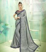 Grey embroidered poly silk saree with blouse
