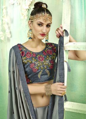 Grey embroidered poly silk saree with blouse 2