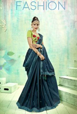 Blue embroidered poly silk saree with blouse 1
