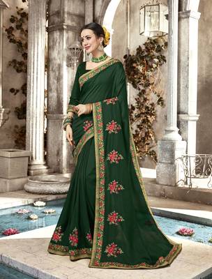 Green embroidered satin saree with blouse 1