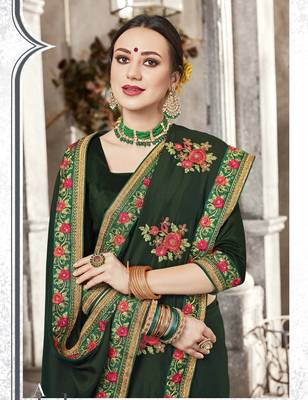 Green embroidered satin saree with blouse 2