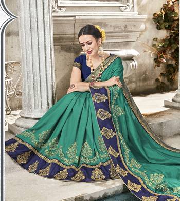 Green embroidered satin saree with blouse 2