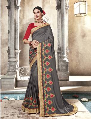Grey embroidered satin saree with blouse 1