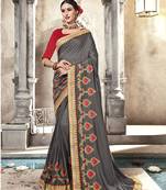 Grey embroidered satin saree with blouse