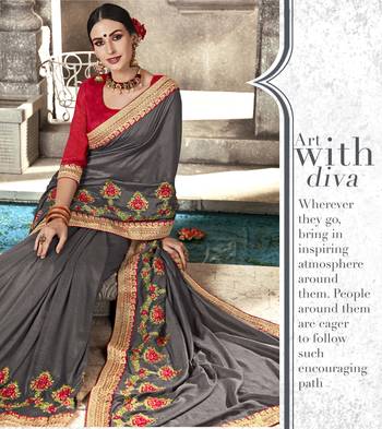 Grey embroidered satin saree with blouse 2