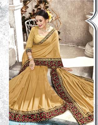Cream embroidered satin saree with blouse 2