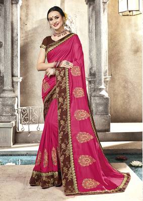 Pink embroidered satin saree with blouse 1