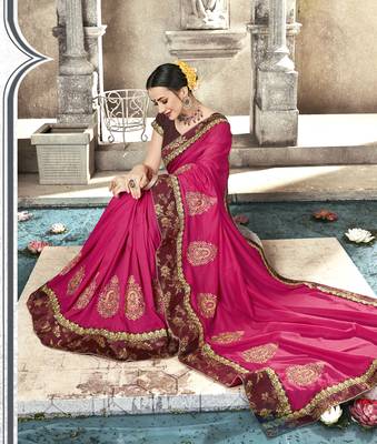Pink embroidered satin saree with blouse 2