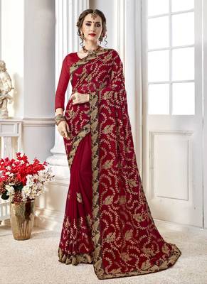 Maroon embroidered georgette saree with blouse 1