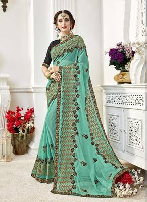 Green embroidered georgette saree with blouse 1