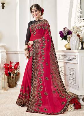 Red embroidered georgette saree with blouse 1