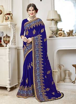 Blue embroidered georgette saree with blouse 1