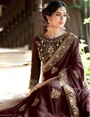 Coffee embroidered georgette saree with blouse 2