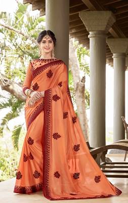 Orange embroidered georgette saree with blouse 1