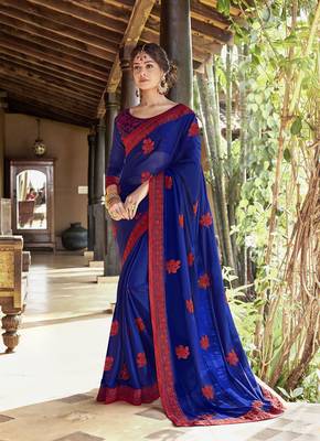 Blue embroidered georgette saree with blouse 1
