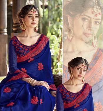 Blue embroidered georgette saree with blouse 2