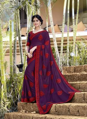 Purple embroidered georgette saree with blouse 1