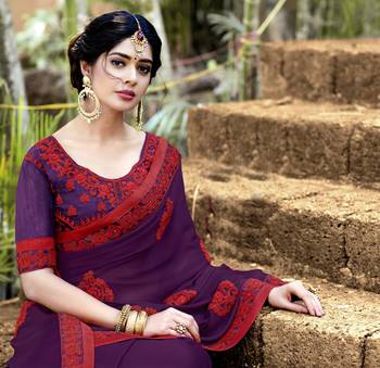 Purple embroidered georgette saree with blouse 2