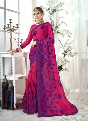 Dark pink embroidered satin saree with blouse 1