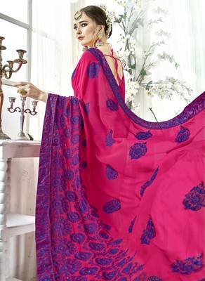 Dark pink embroidered satin saree with blouse 2