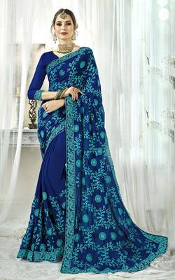 Navy blue embroidered satin saree with blouse 1