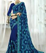 Navy blue embroidered satin saree with blouse