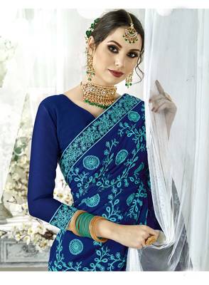Navy blue embroidered satin saree with blouse 2