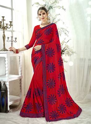 Red embroidered satin saree with blouse 1