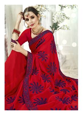 Red embroidered satin saree with blouse 2